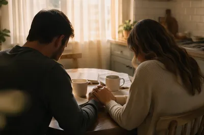 Couple Praying Together at Sunrise Table