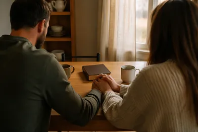 Couple Praying Together at Dawn Kitchen Table