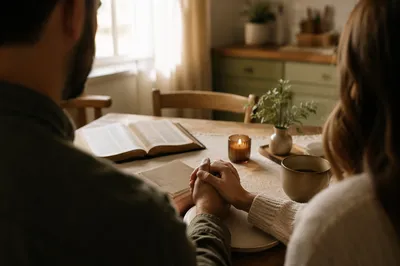 Couple Praying Hand in Hand at Breakfast