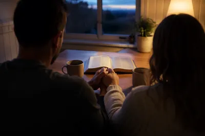 Couple Praying Together at Dawn Kitchen Table