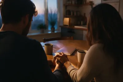 Couple Praying at Dawn Kitchen Table