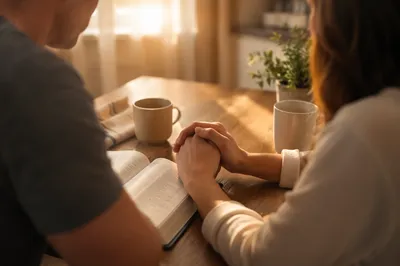 Couple Praying Hand in Hand at Sunrise