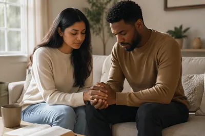 Young Couple Praying in Sunlit Living Room