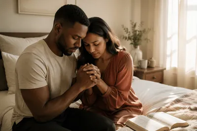 Young Couple Praying in Sunlit Bedroom