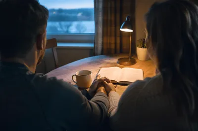 Couple Praying Together at Dawn Kitchen Table