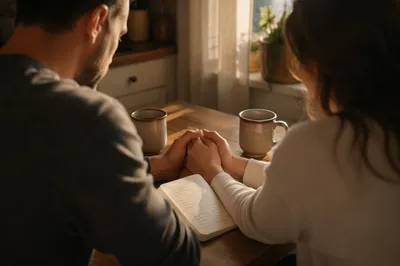 Couple Praying Together at Kitchen Table