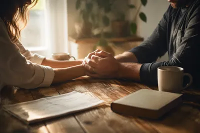 Morning Couple Prayer at Kitchen Table