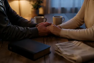 Couple Praying Hand in Hand at Dawn