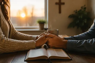 Couple Praying at Sunrise Kitchen Table