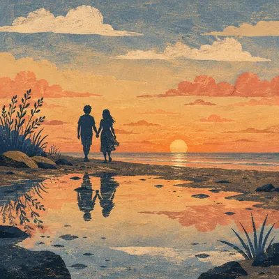 Couple Silhouette Walking on Sunset Beach