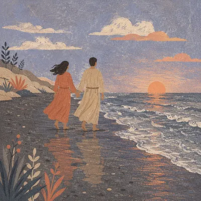Couple Holding Hands on Sunset Shoreline