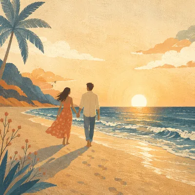Romantic Couple Walking Beach Sunset Silhouette