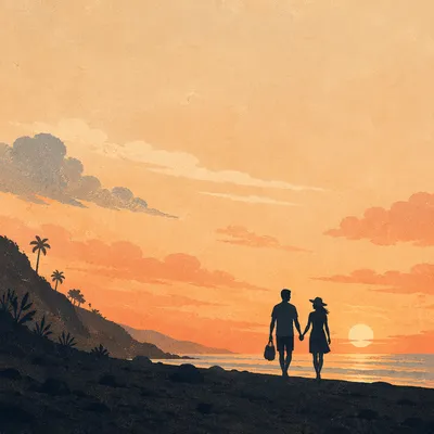 Couple Silhouette Walking Beach at Sunset