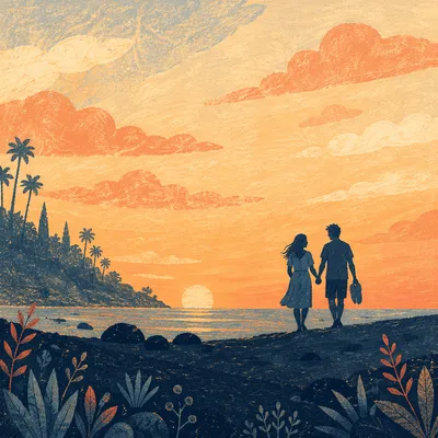 Romantic Couple Walking Beach Sunset Silhouette
