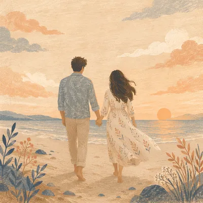 Romantic Couple Walking Beach at Sunset