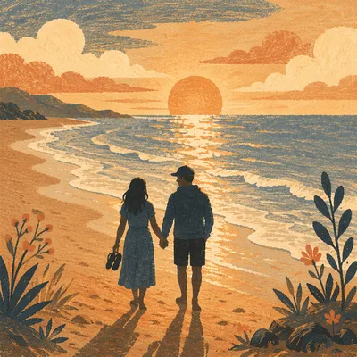 Romantic Couple Silhouette on Sunset Beach