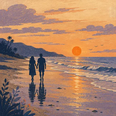 Couple Walking on Beach at Sunset