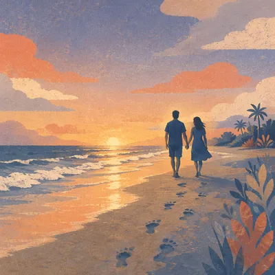 Couple Walking at Sunset Beach Silhouette