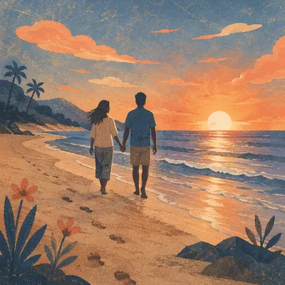 Couple Walking at Beach Sunset Silhouette