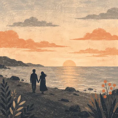 Silhouetted Couple Walking Beach at Sunset
