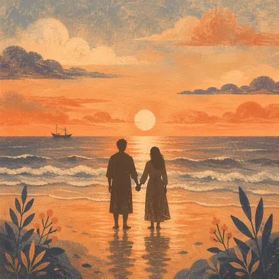 Couple Holding Hands at Sunset Shore