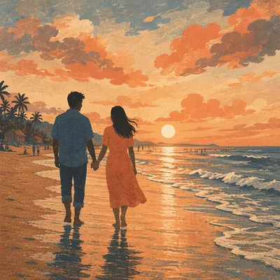 Couple Walking Hand in Hand at Sunset