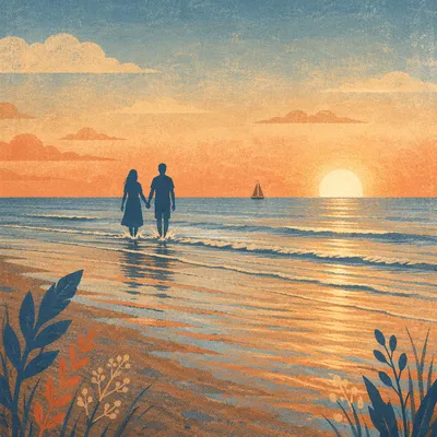 Couple Silhouette Walking Beach at Sunset