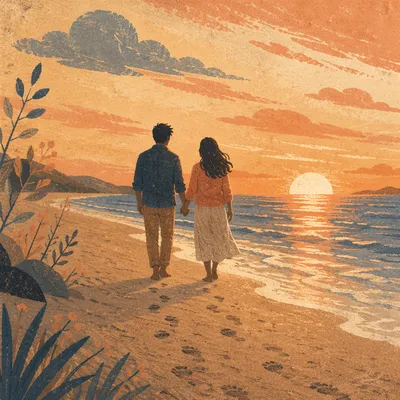 Couple Walking Hand in Hand at Sunset