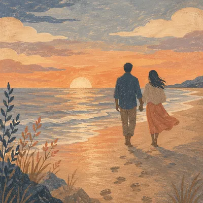 Couple Walking Beach Sunset Silhouette