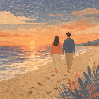 Couple Walking Beach Sunset Silhouette