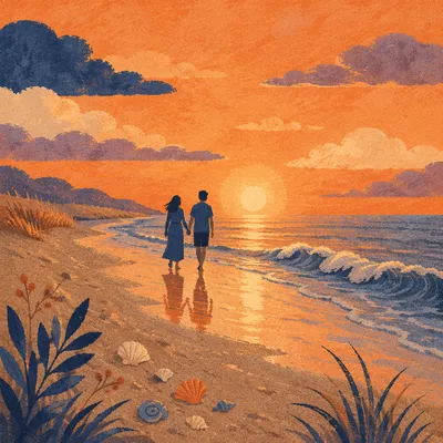 Couple Walking Hand in Hand at Sunset Beach