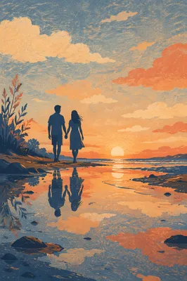 Romantic Couple Silhouette on Sunset Beach