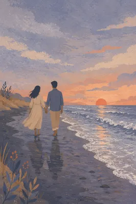 Romantic Couple Silhouette Walking Sunset Beach