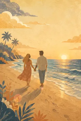 Romantic Couple Walking Beach Sunset Silhouette