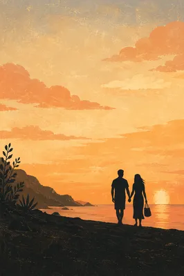 Couple Silhouette Walking on Sunset Beach