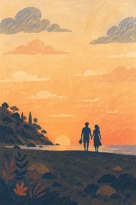 Romantic Couple Silhouette Walking Beach Sunset