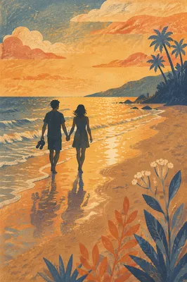 Silhouette Couple Walking Beach at Golden Sunset