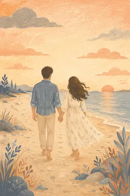 Romantic Couple Walking Beach Sunset