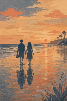 Silhouetted Couple Walking Beach at Sunset