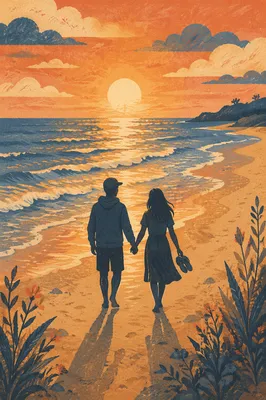 Romantic Couple Silhouette Walking Beach Sunset