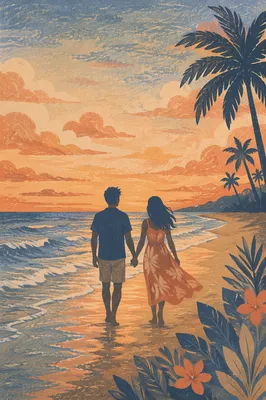 Romantic Couple Silhouette on Sunset Beach
