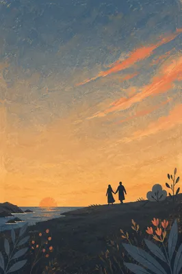 Couple Silhouette Walking Beach at Sunset