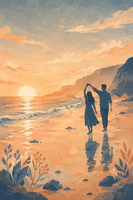 Romantic Couple Silhouette on Sunset Beach