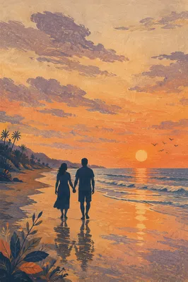 Couple Walking Hand in Hand at Sunset