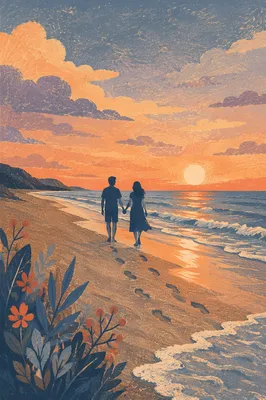 Couple Silhouette Walking Beach at Sunset