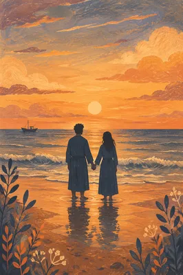 Couple Silhouette Walking on Sunset Beach