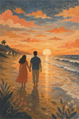 Silhouette Couple Walking Beach at Sunset