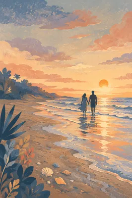 Couple Walking Beach Sunset Silhouette