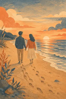 Couple Walking Beach at Golden Sunset