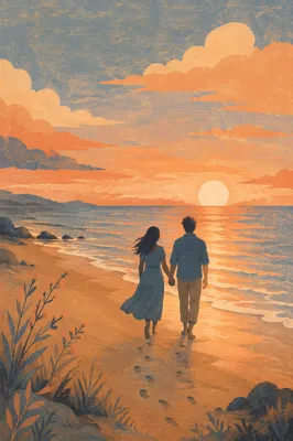 Couple Walking Hand in Hand at Sunset